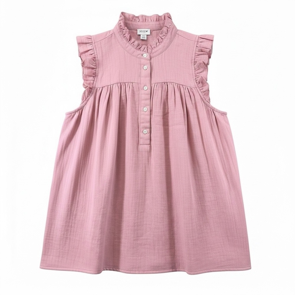 J.Crew Double Gauze Ruffled Neck Rose Pink Pleated Sleeveless Relaxed Top XS NEW